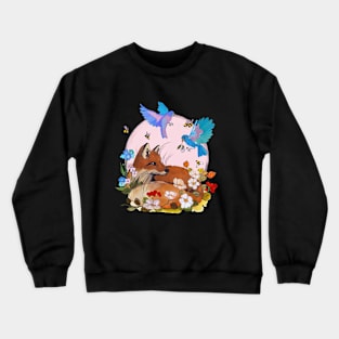 Fox and blue birds Crewneck Sweatshirt